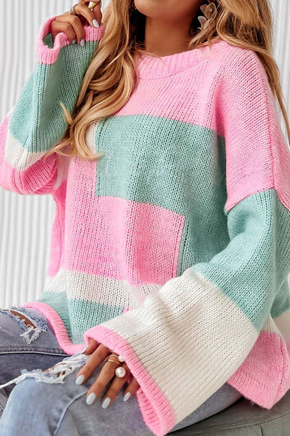 Color Block Round Neck Drop Shoulder Sweater - Charming Charlie