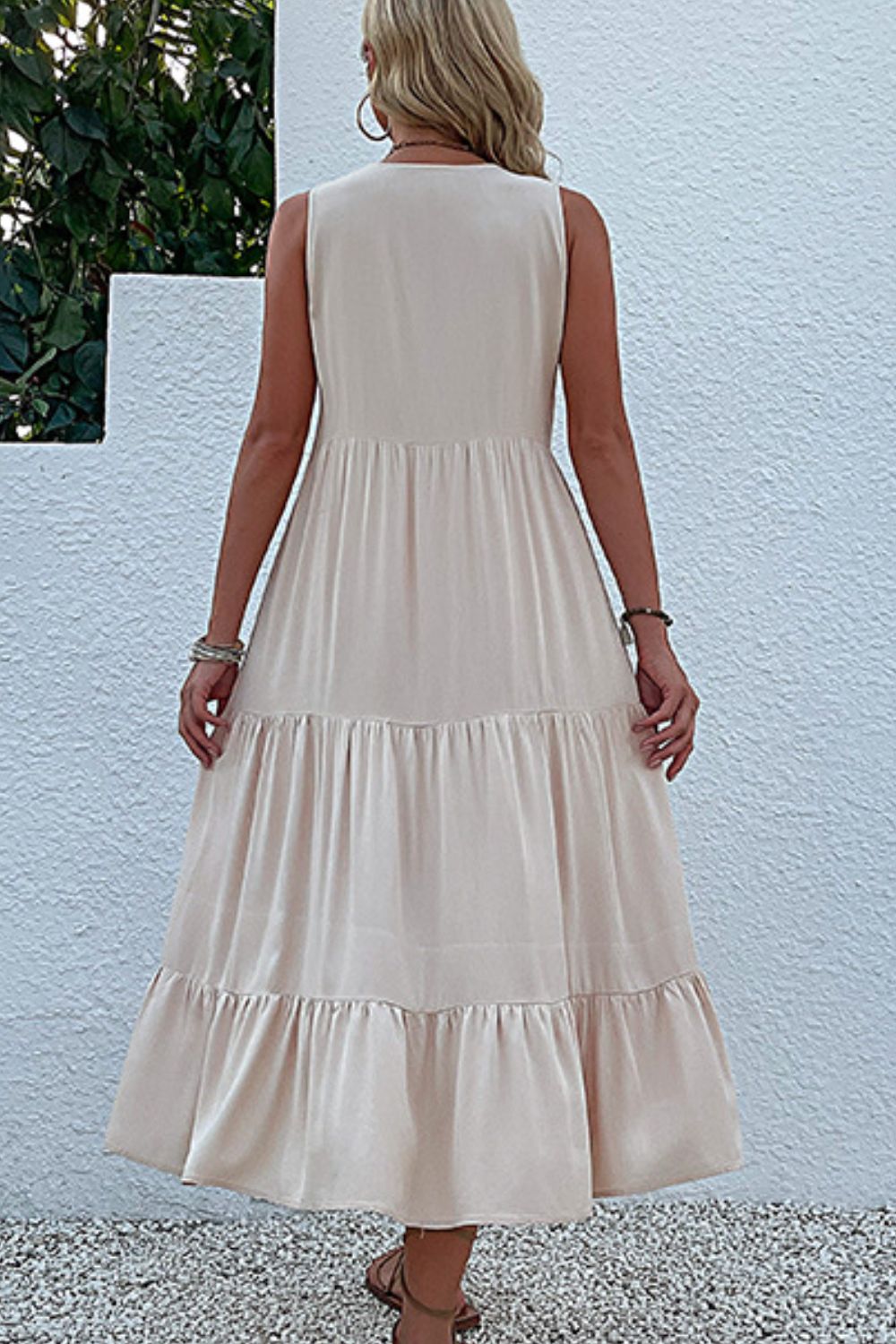 Decorative Button Sleeveless Tiered Dress - Charming Charlie