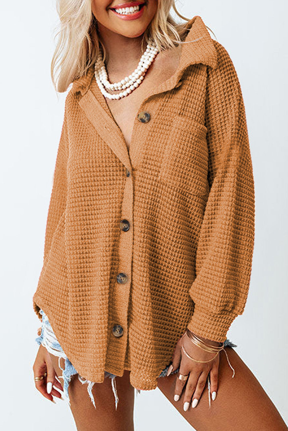 Waffle-Knit Collared Neck Long Sleeve Shirt - Charming Charlie