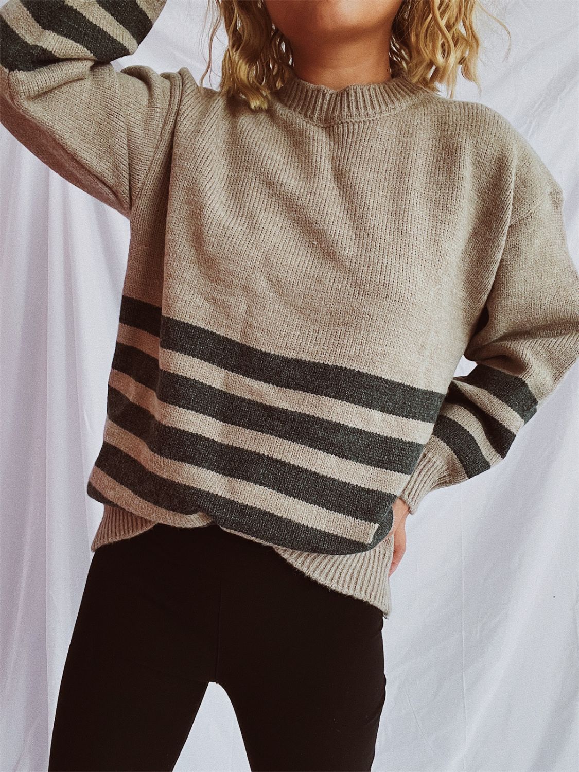 Striped Dropped Shoulder Long Sleeve Sweater - Charming Charlie