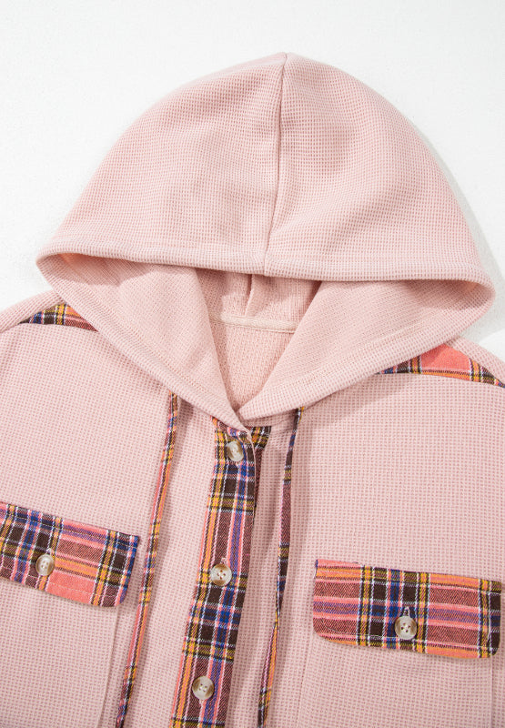 Waffle Knit Plaid Patchwork Drawstring Hooded Shacket - Charming Charlie