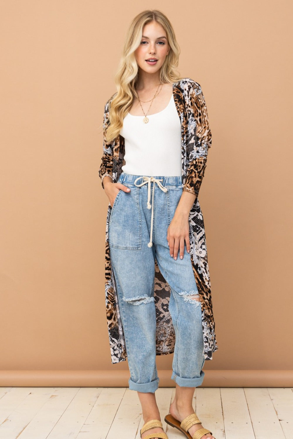And The Why Leopard Kimono Open Front Longline Cardigan - Charming Charlie