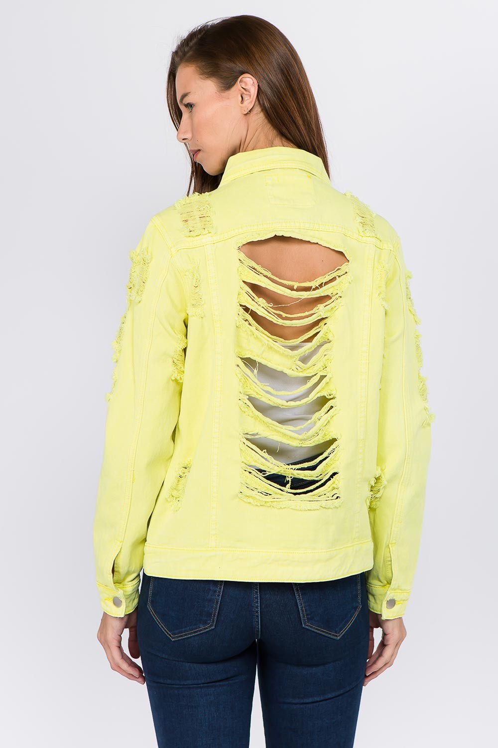 American Bazi Distressed Back Button Down Denim Jacket - Charming Charlie