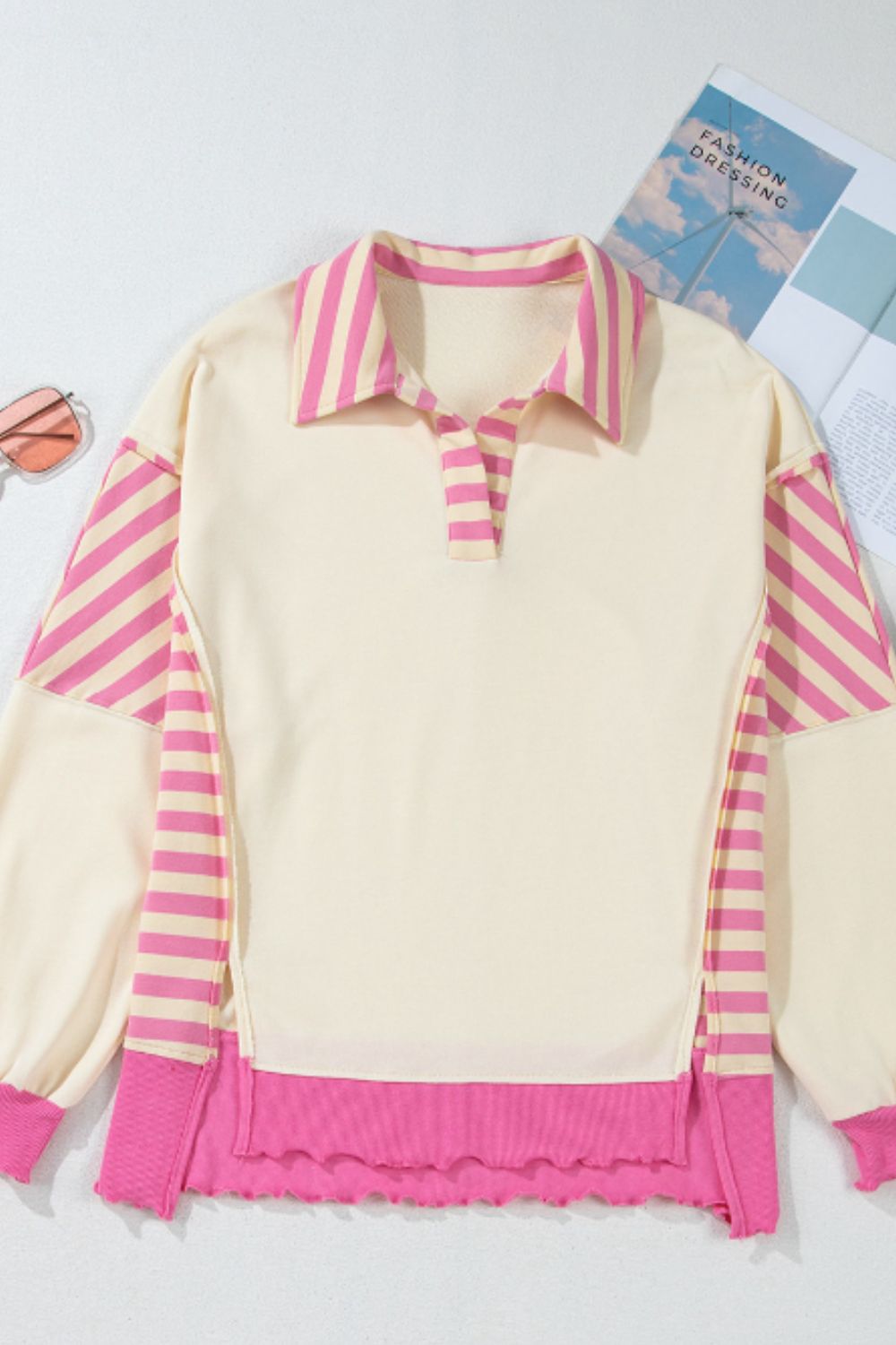 Striped Johnny Collar Long Sleeve Sweatshirt - Charming Charlie