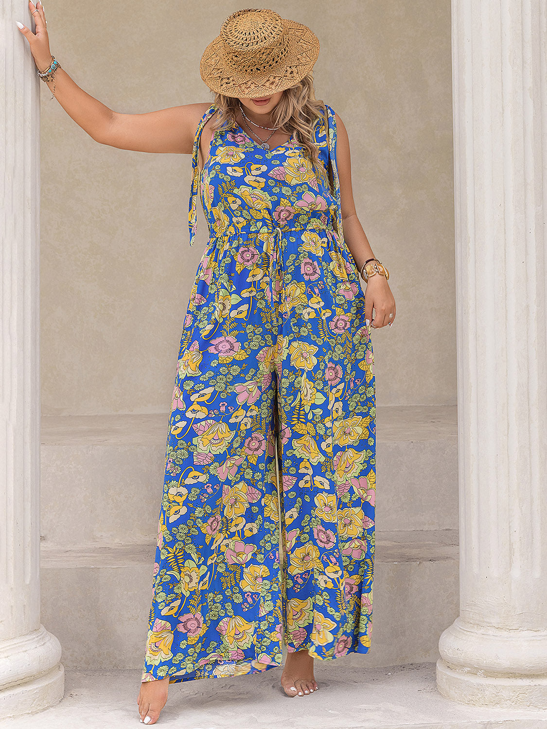 Plus Size Printed V-Neck Wide Leg Jumpsuit - Charming Charlie