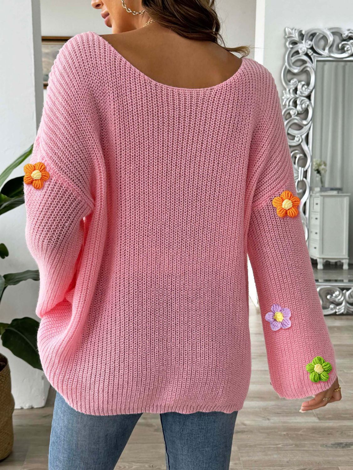 Flower Round Neck Long Sleeve Sweater - Charming Charlie