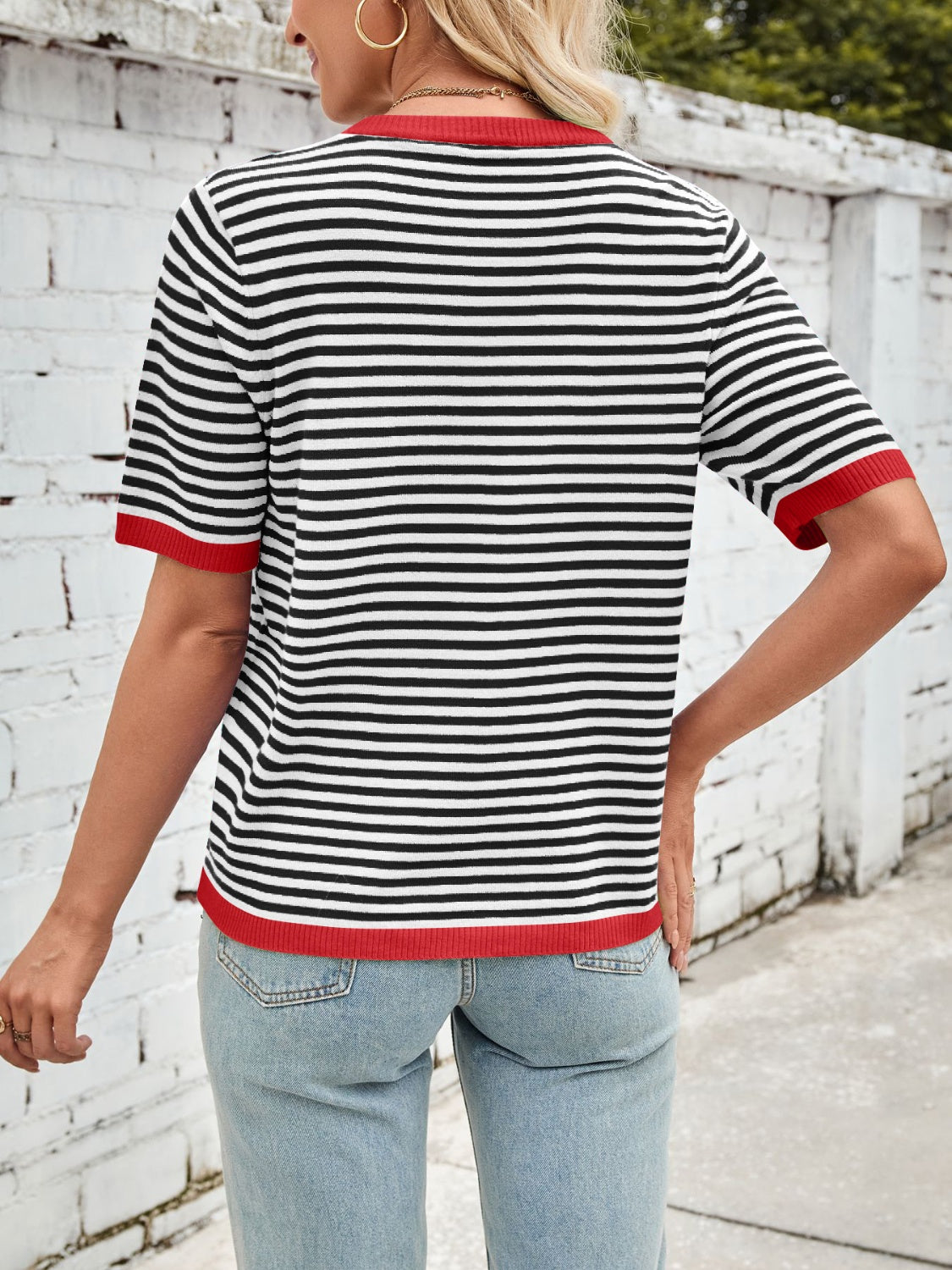 Lovelet Striped Contrast Round Neck Half Sleeve Knit Top - Charming Charlie