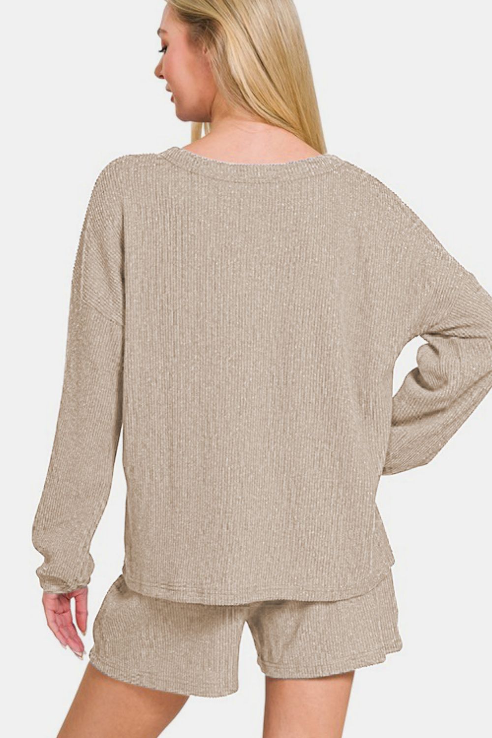 Zenana V-Neck Long Sleeve Ribbed Top and Shorts Set - Charming Charlie