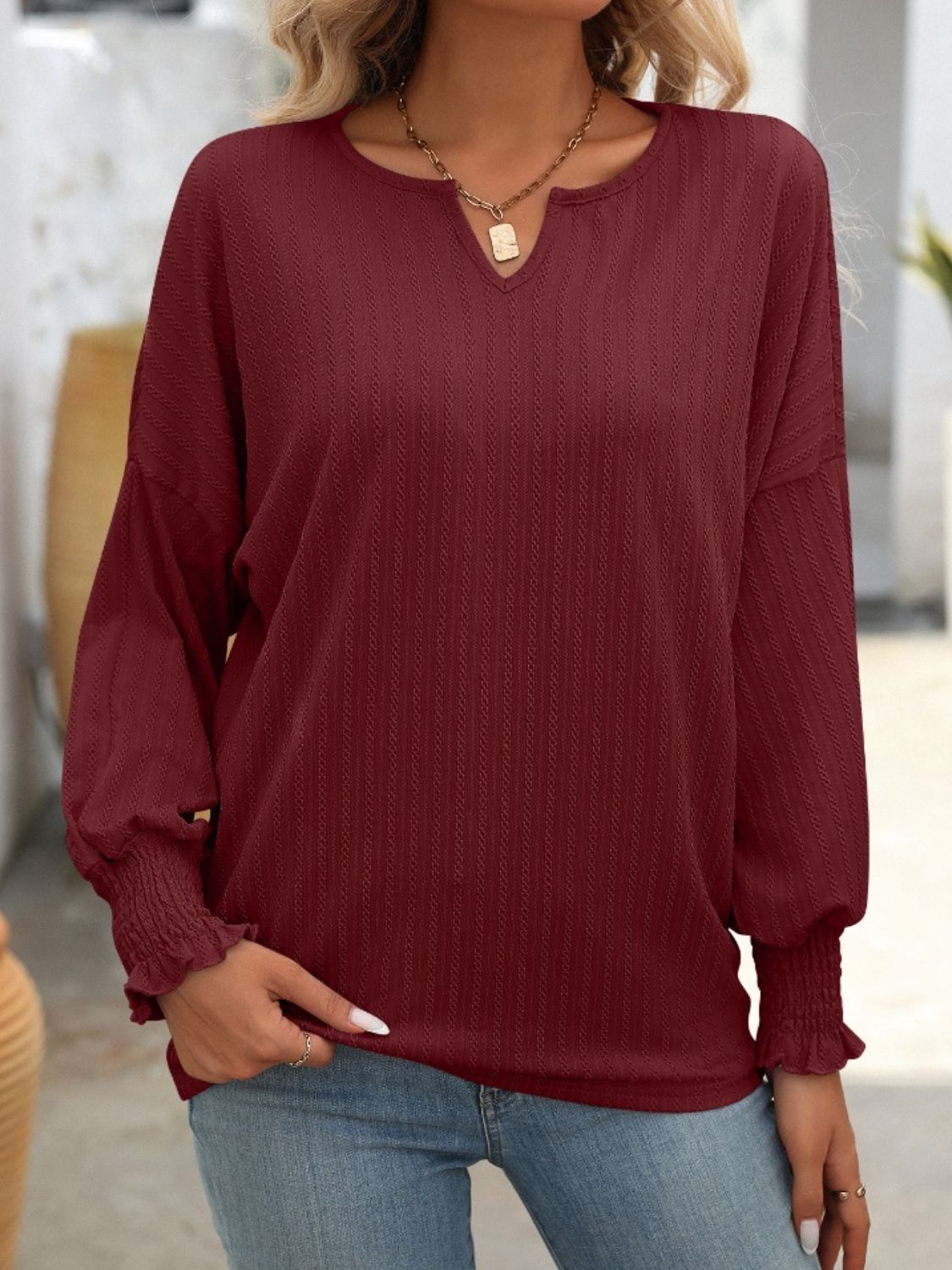 Textured Notched Lantern Sleeve T-Shirt - Charming Charlie