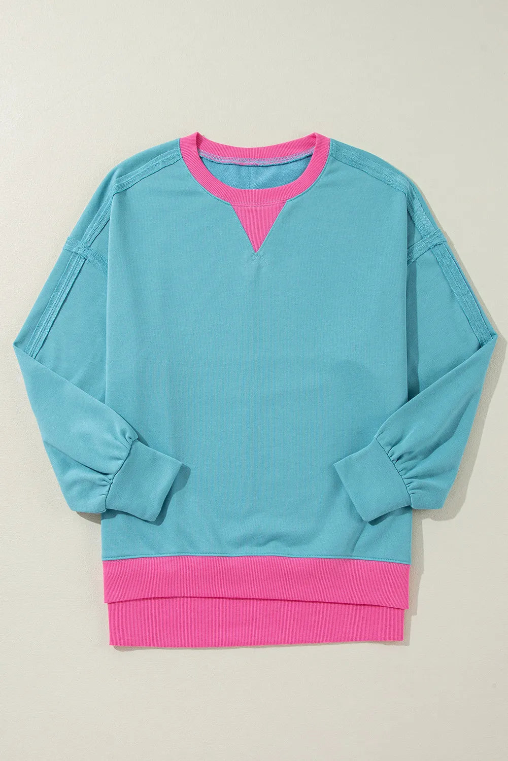 Contrast Round Neck Dropped Shoulder Long Sleeve Sweatshirt - Charming Charlie