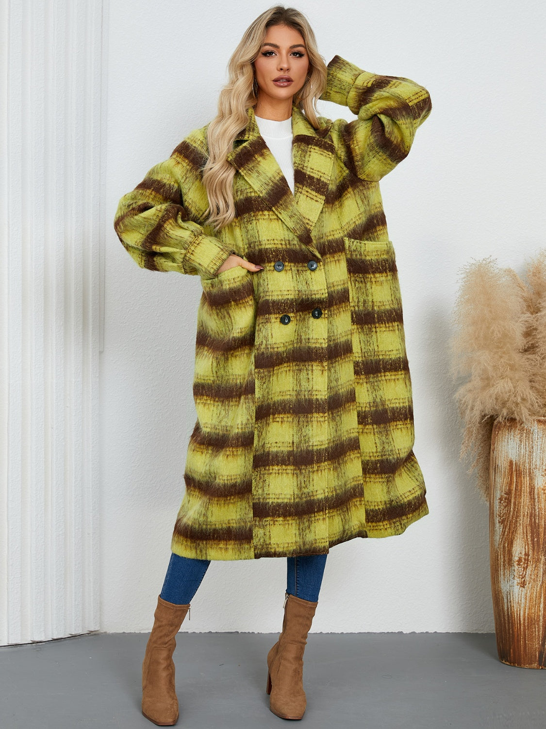 Contrast Double-Breasted Long Sleeve Longline Coat - Charming Charlie