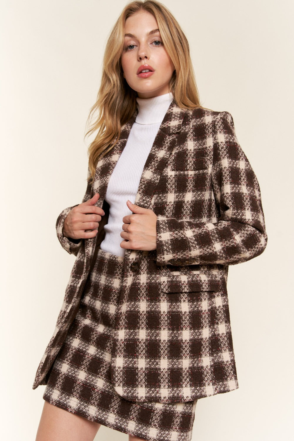 And The Why Full Size Plaid Brushed One Button Blazer - Charming Charlie