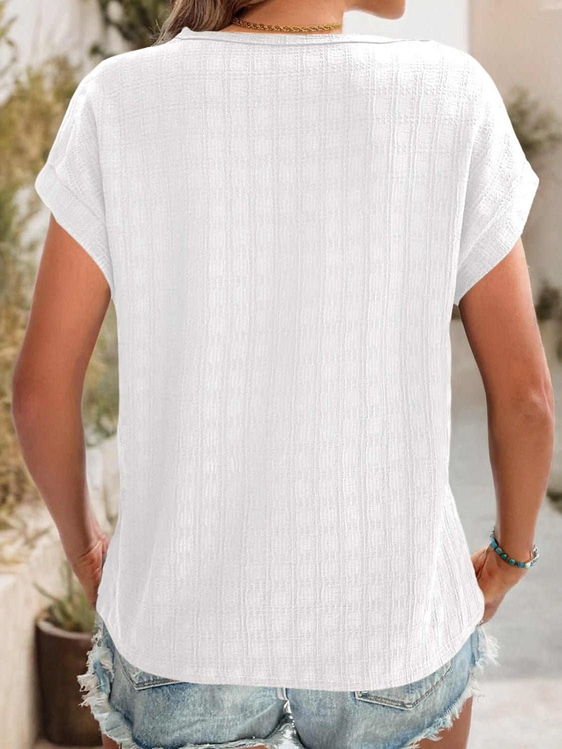 Textured Round Neck Short Sleeve Top - Charming Charlie