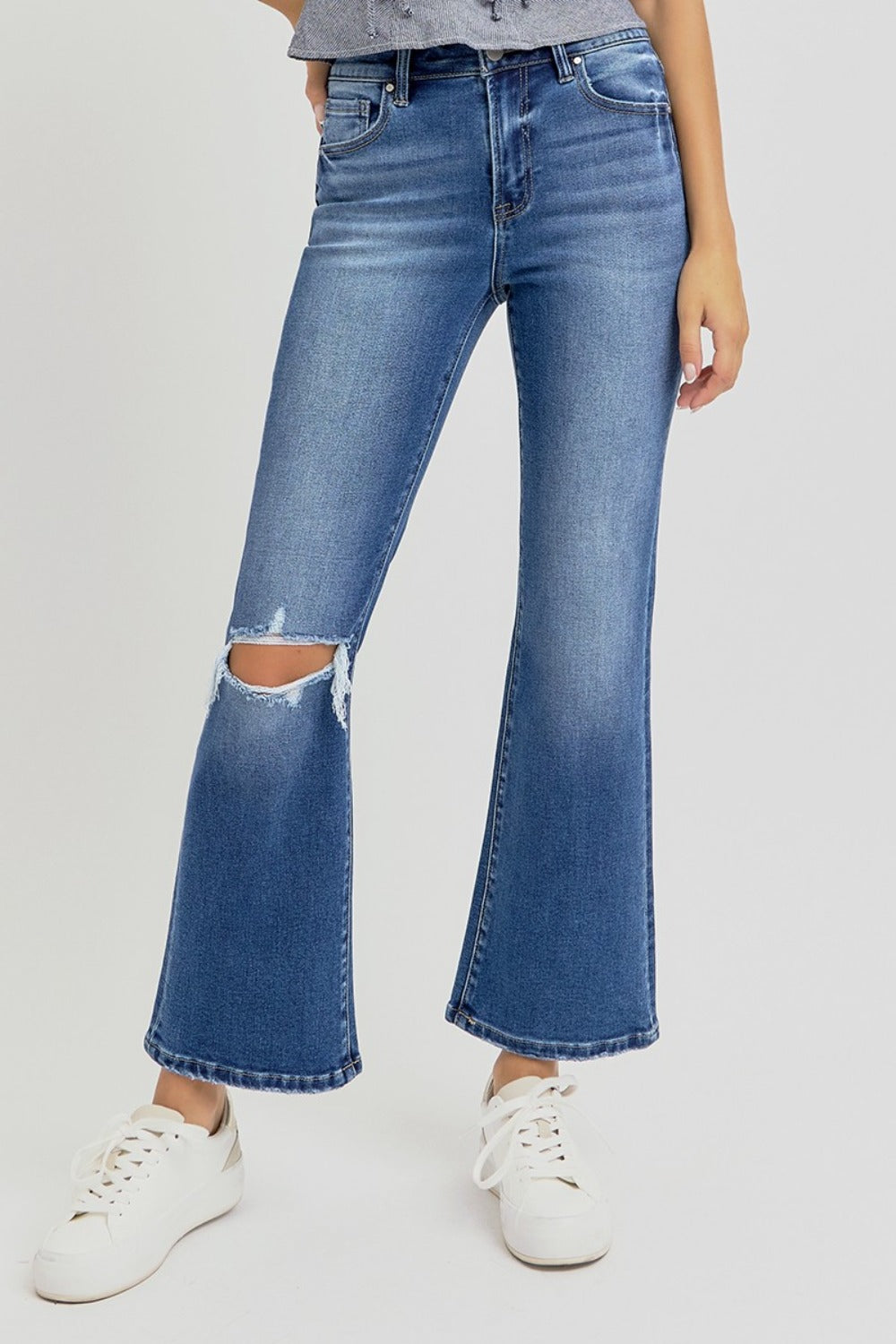 RISEN Full Size Distressed High Rise Crop Flare Jeans - Charming Charlie