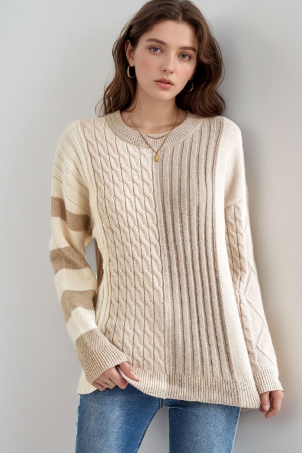 Cable-Knit Color Block Round Neck Sweater - Charming Charlie