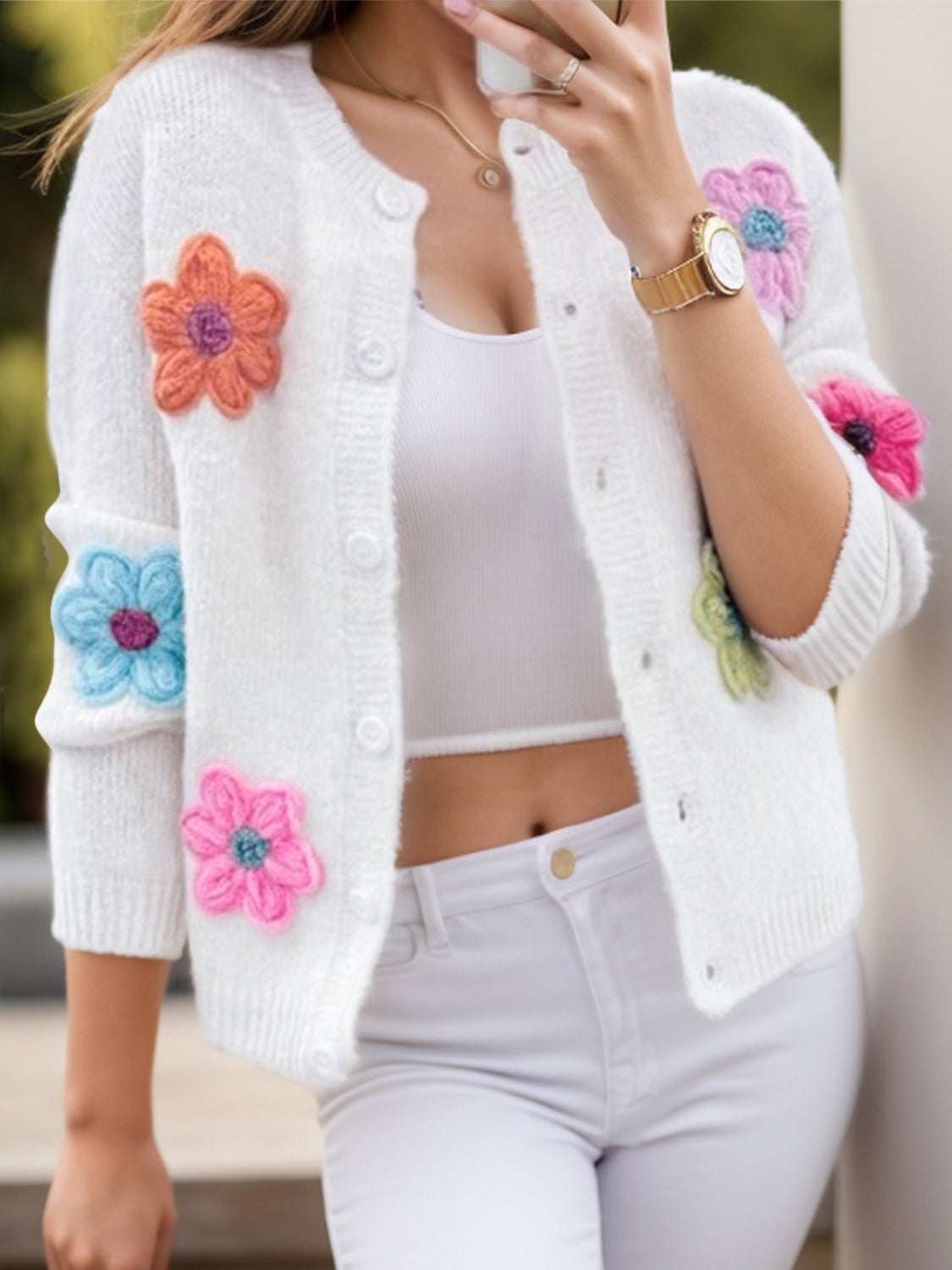 Flower Dropped Shoulder Long Sleeve Cardigan - Charming Charlie