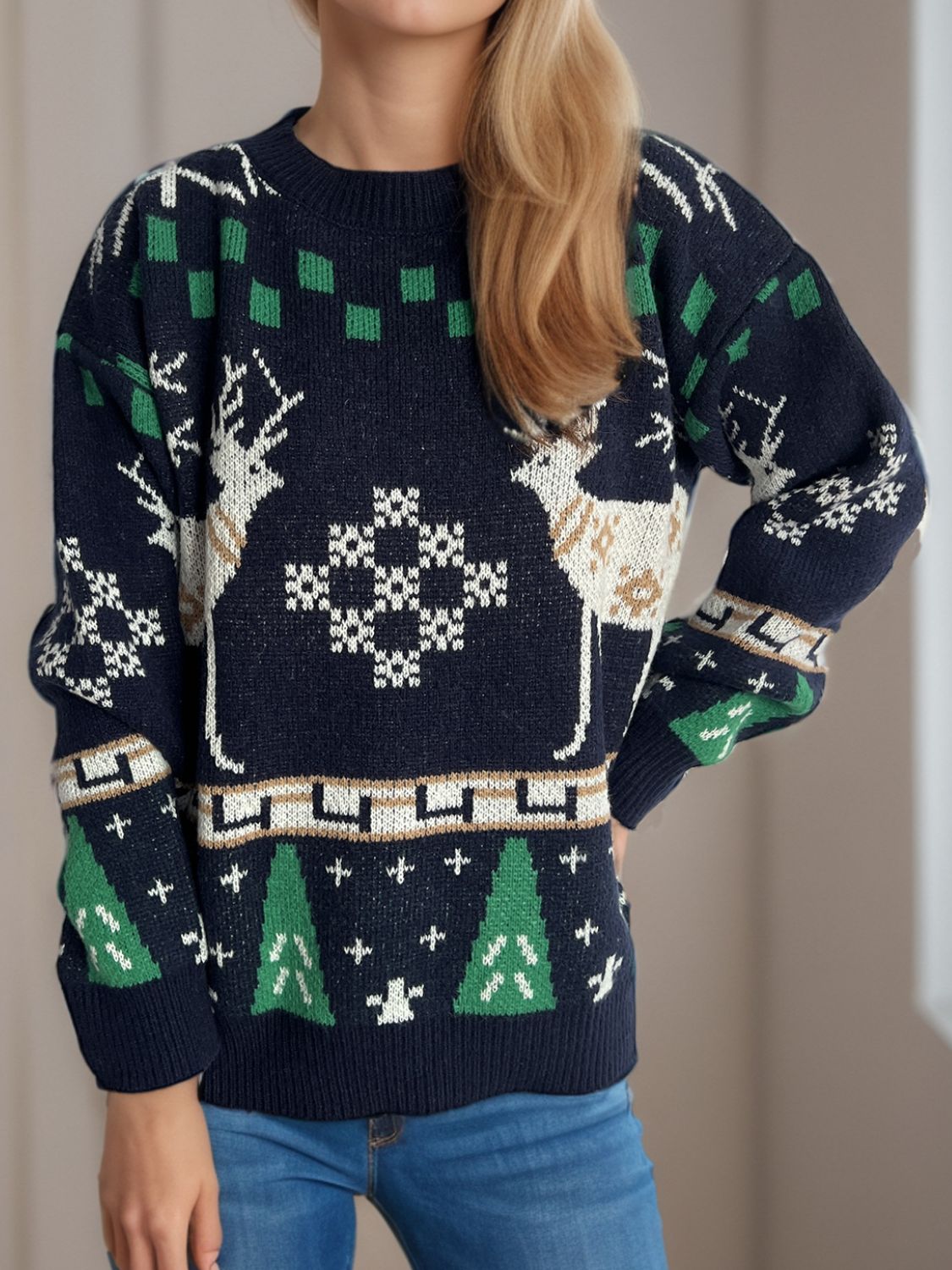 Christmas Element Round Neck Long Sleeve Sweater - Charming Charlie