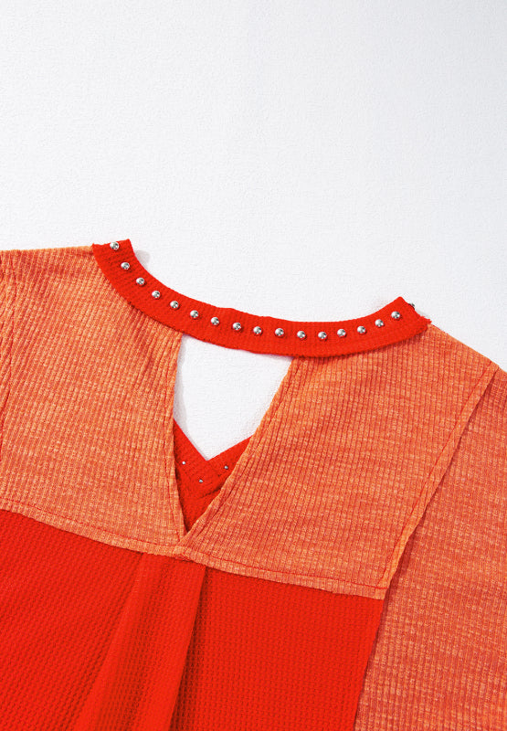 Studded Waffle-Knit V-Neck Long Sleeve Top - Charming Charlie