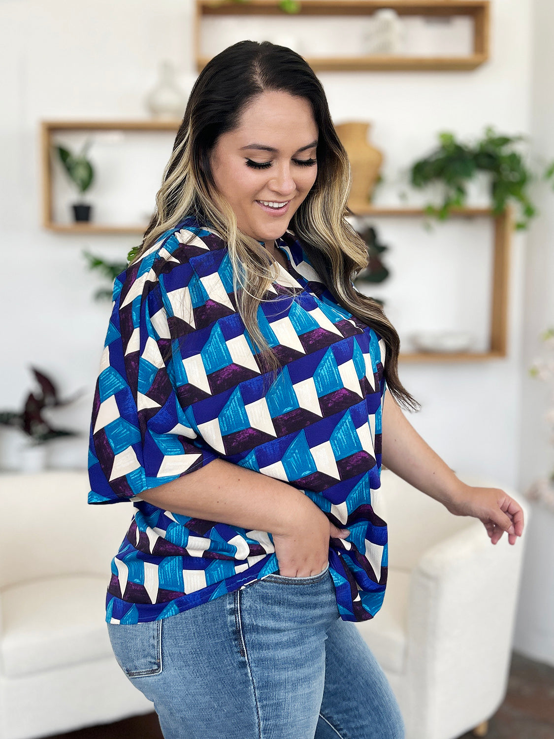Double Take Full Size Geometric Notched Half Sleeve Blouse - Charming Charlie
