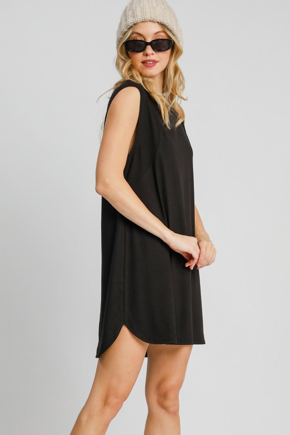 Umgee Round Neck Sleeveless High-Low Curved Hemline Mini Dress - Charming Charlie