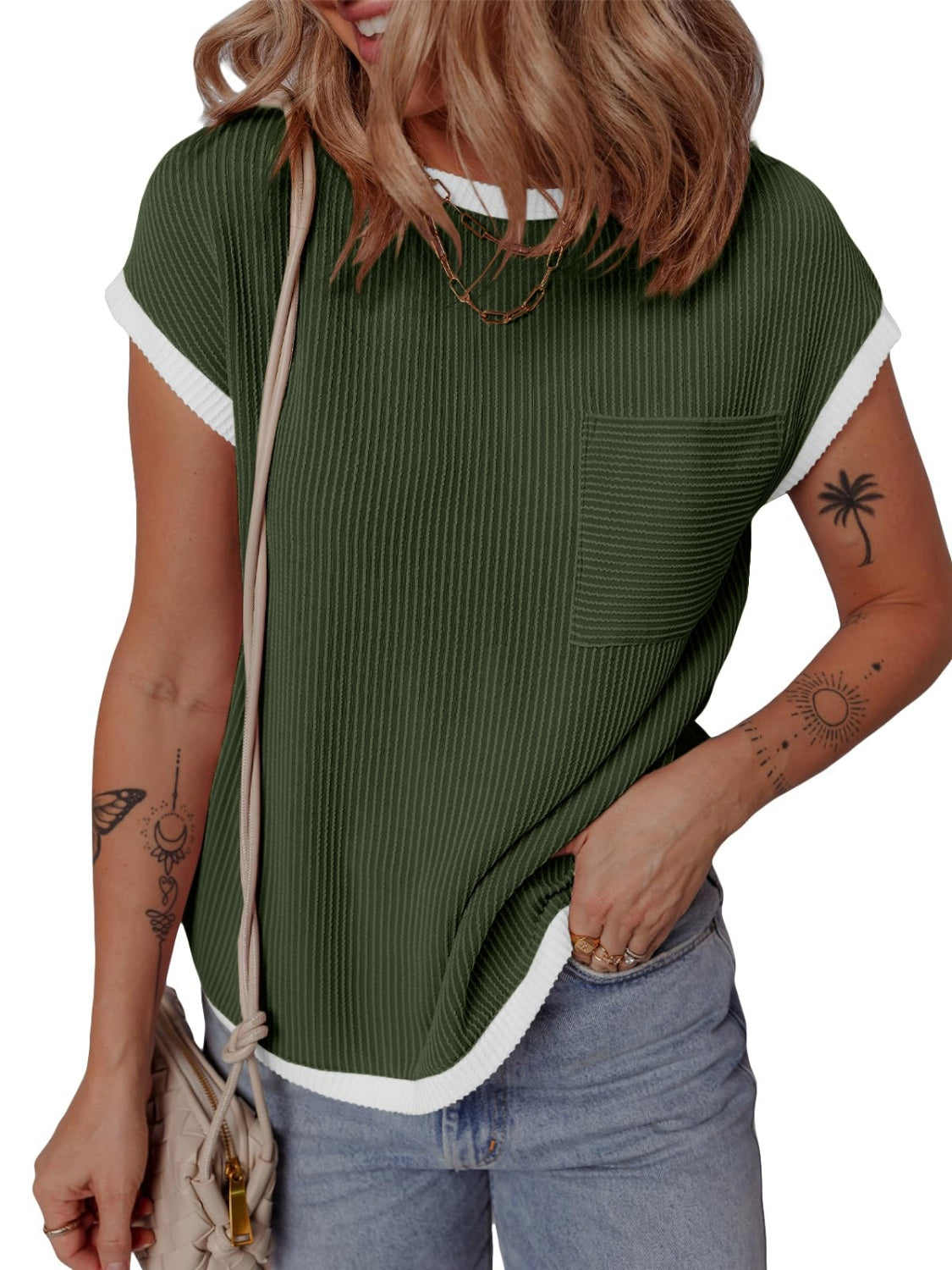Contrast Trim Round Neck Short Sleeve T-Shirt - Charming Charlie