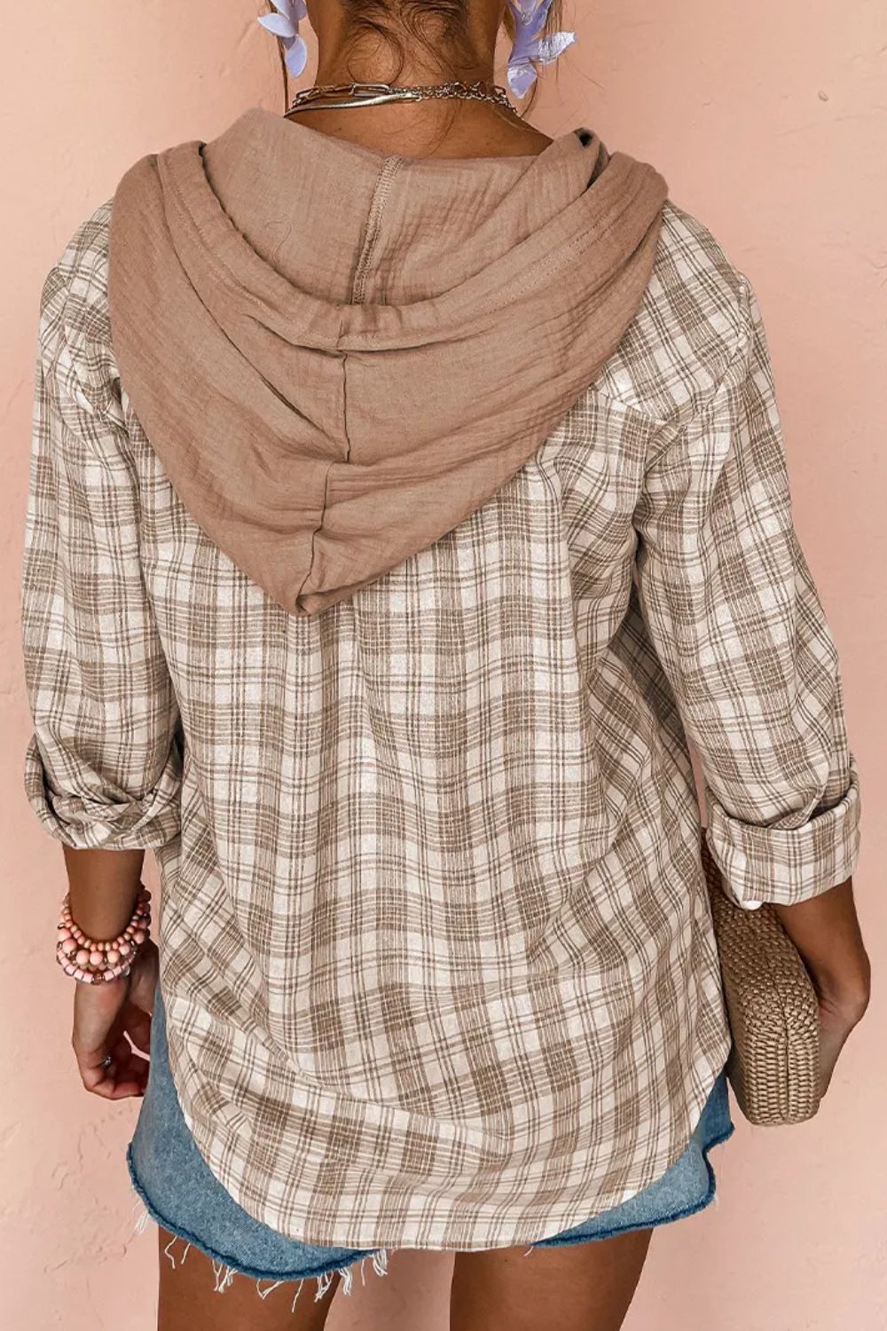 Drawstring Button Up Hooded Jacket - Charming Charlie