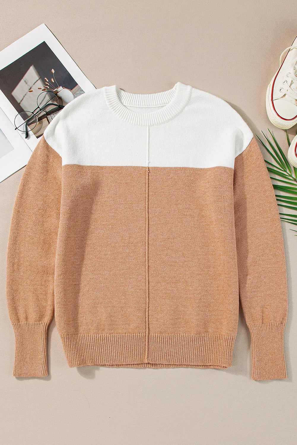 Color Block Round Neck Long Sleeve Sweater - Charming Charlie