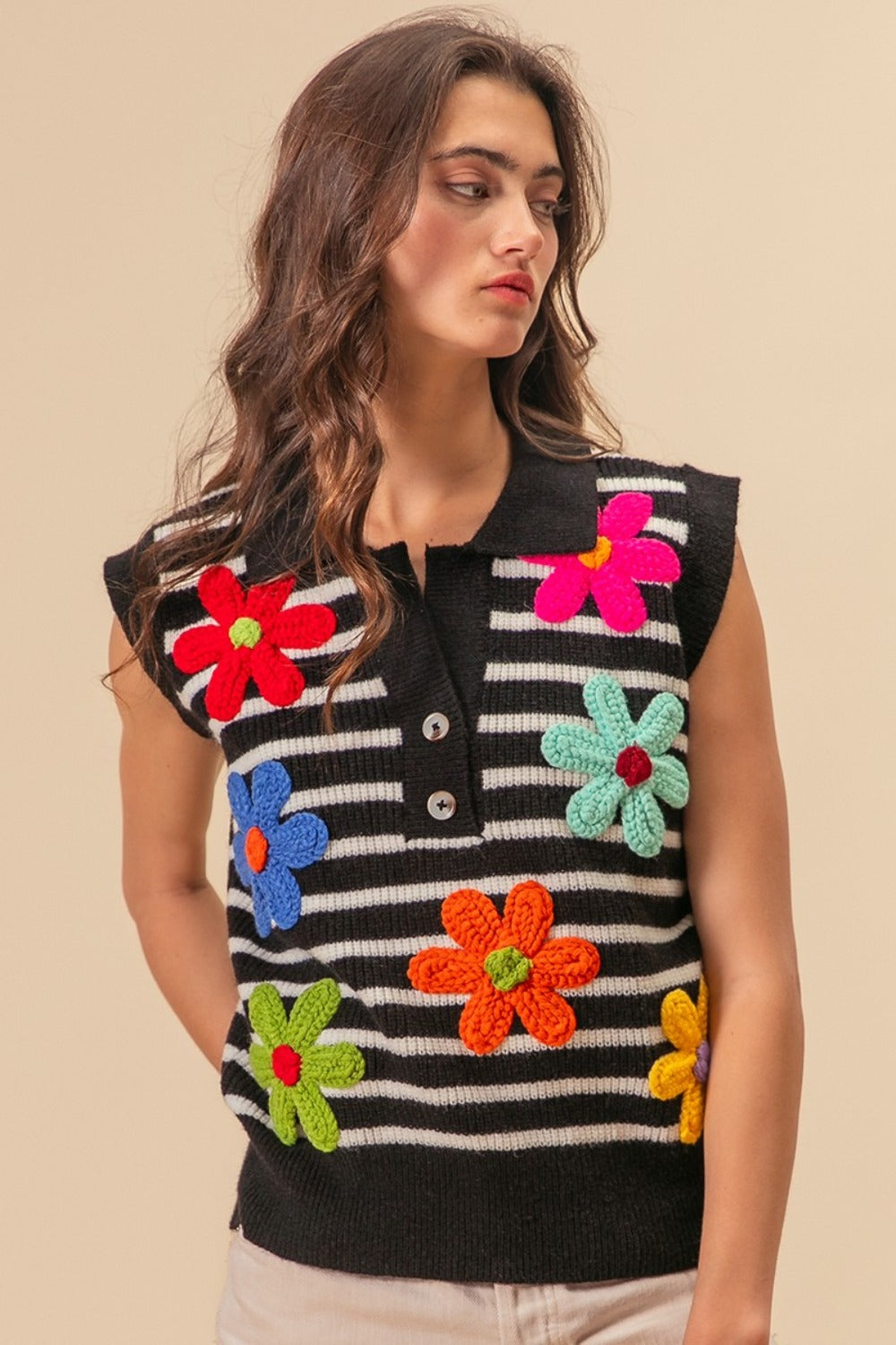 BiBi Flower Patch Striped Half Button Sweater Vest - Charming Charlie