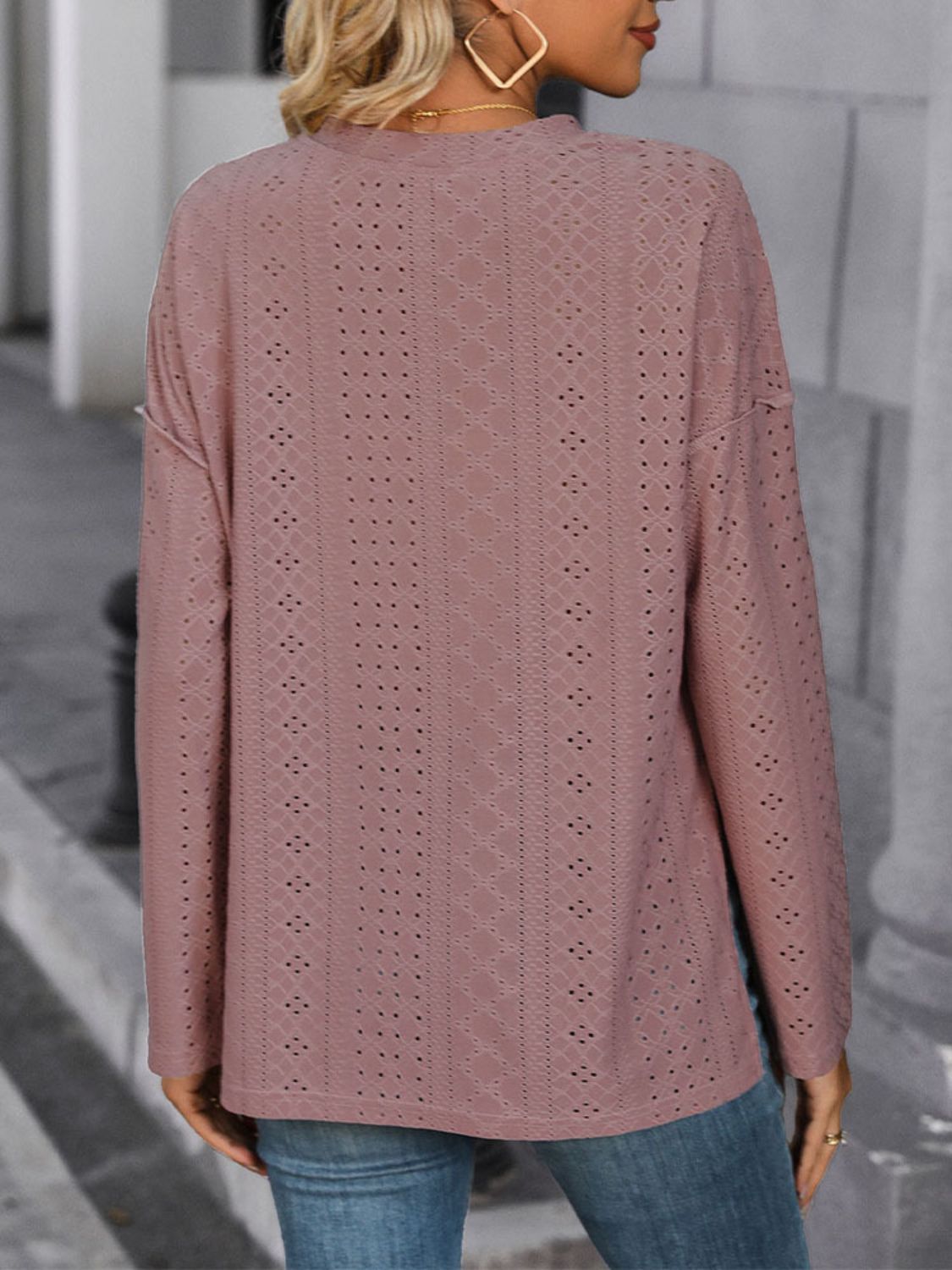 Eyelet Round Neck Long Sleeve Top - Charming Charlie
