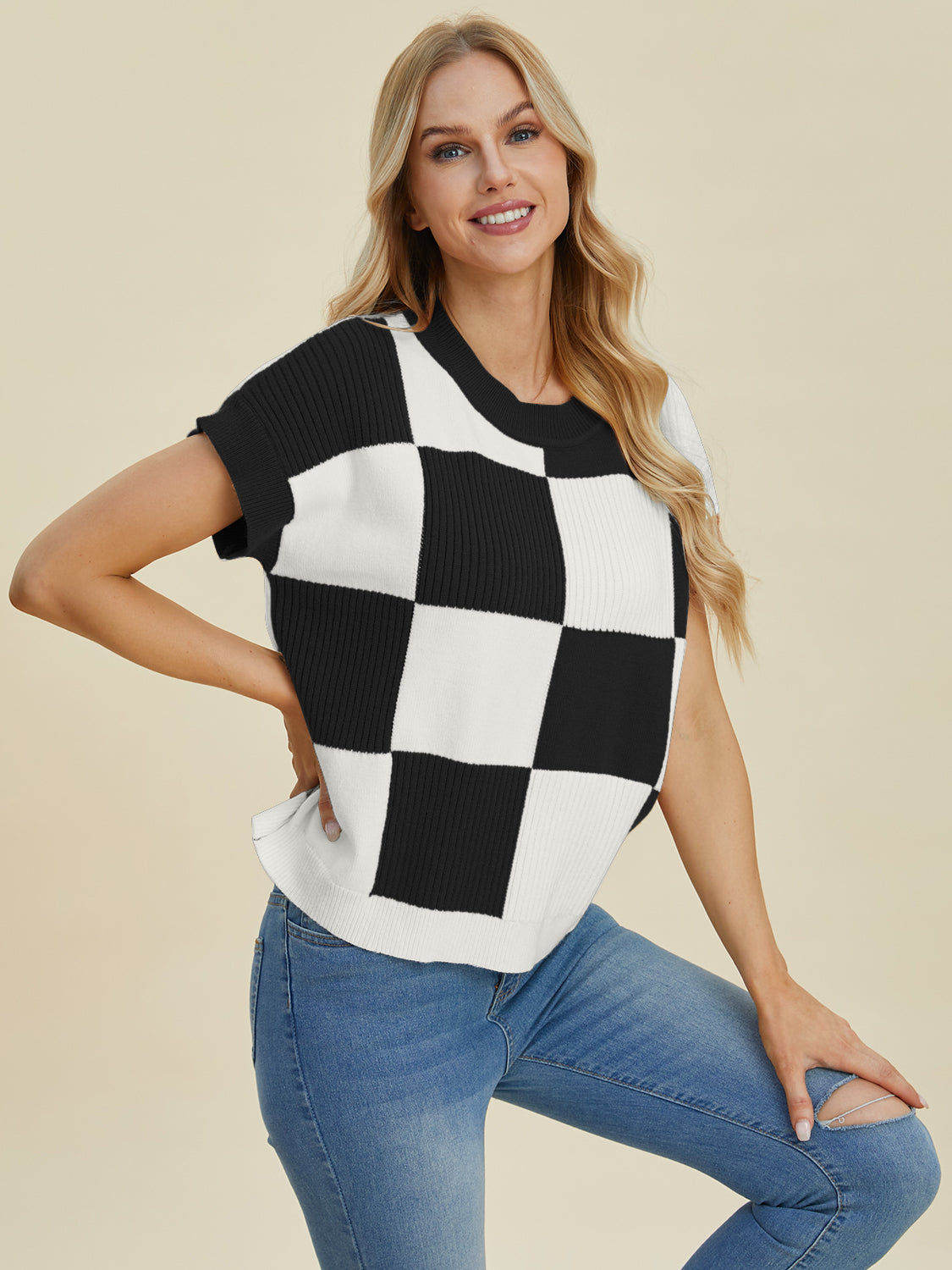 Double Take Full Size Checkered Round Neck Short Sleeve Sweater - Charming Charlie