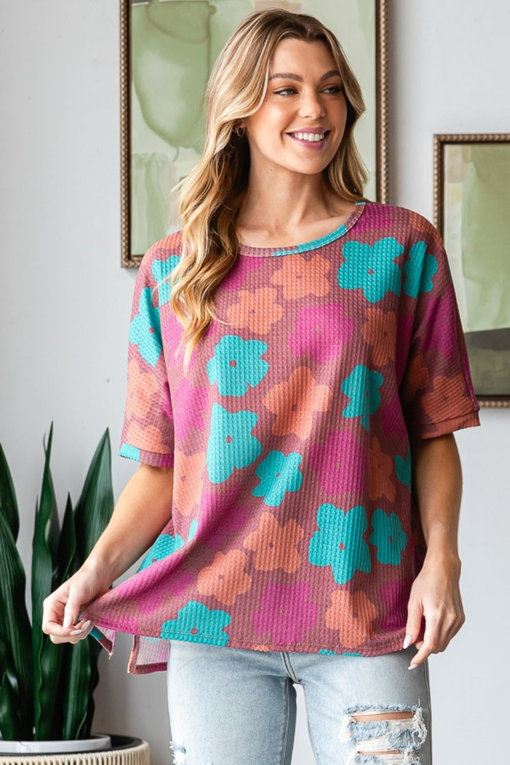 HOPELY Full Size Floral Round Neck Side Slit T-Shirt - Charming Charlie