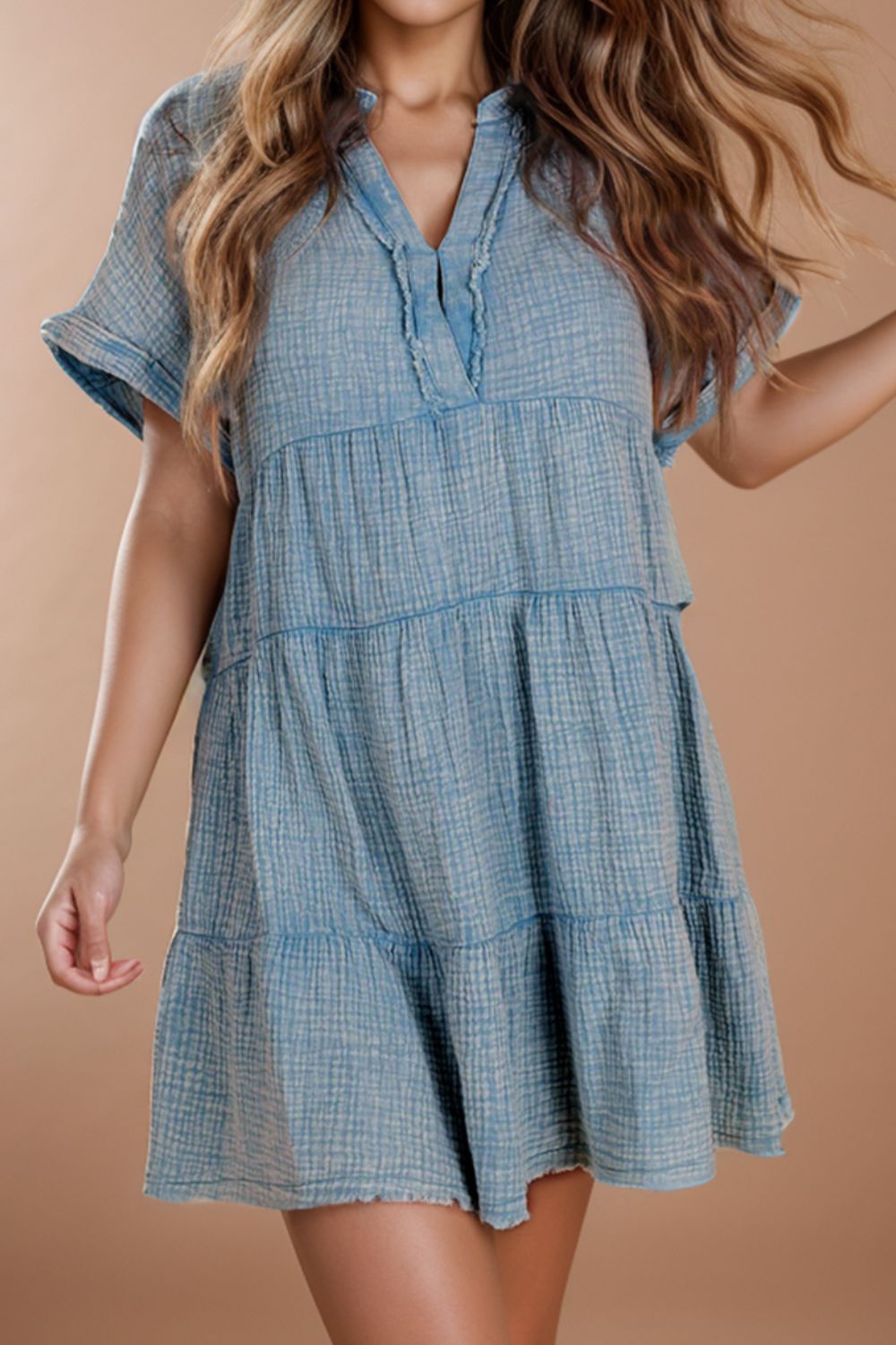 Tiered Notched Short Sleeve Dress - Charming Charlie