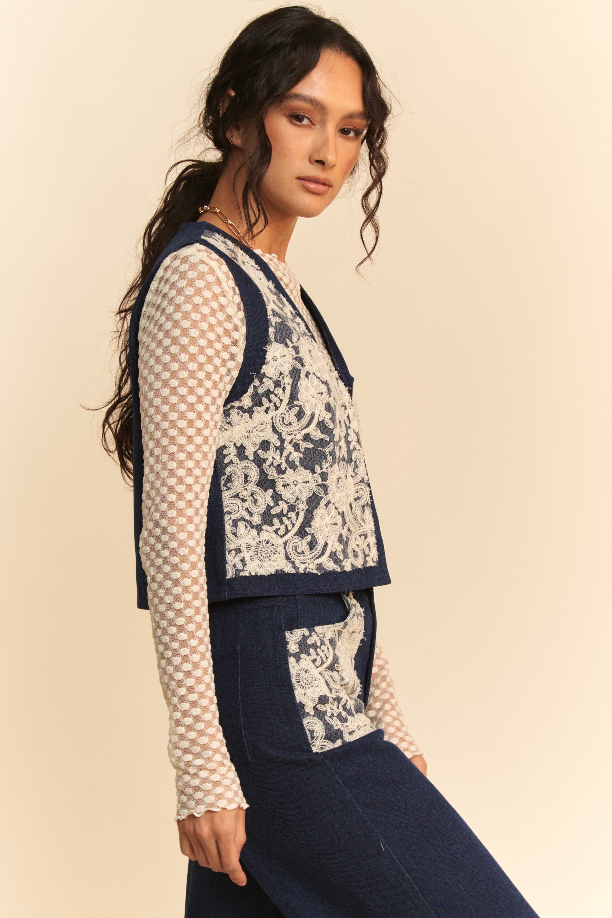 Davi & Dani Lace Patch Open Front Denim Vest - Charming Charlie