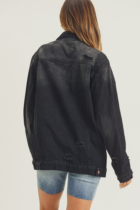 RISEN Full Size Distressed Long Sleeve Denim Jacket - Charming Charlie