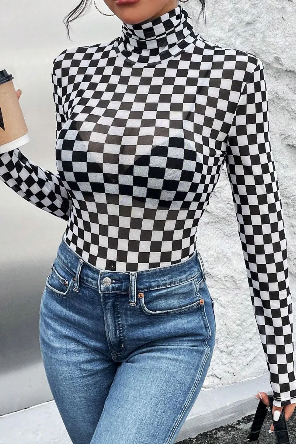 Checkered Turtleneck Long Sleeve Bodysuit - Charming Charlie