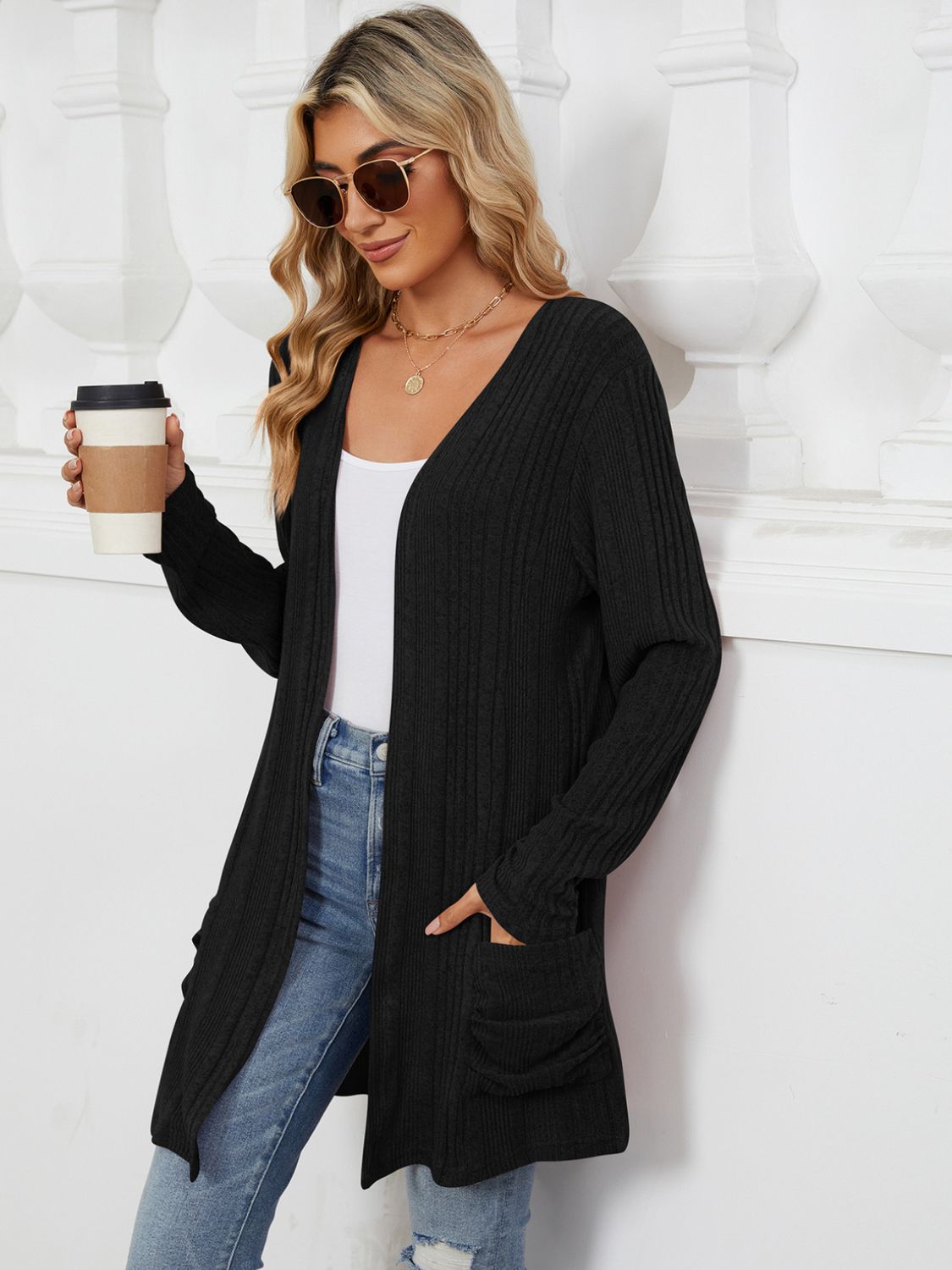 Pocketed Open Front Long Sleeve Cardigan - Charming Charlie