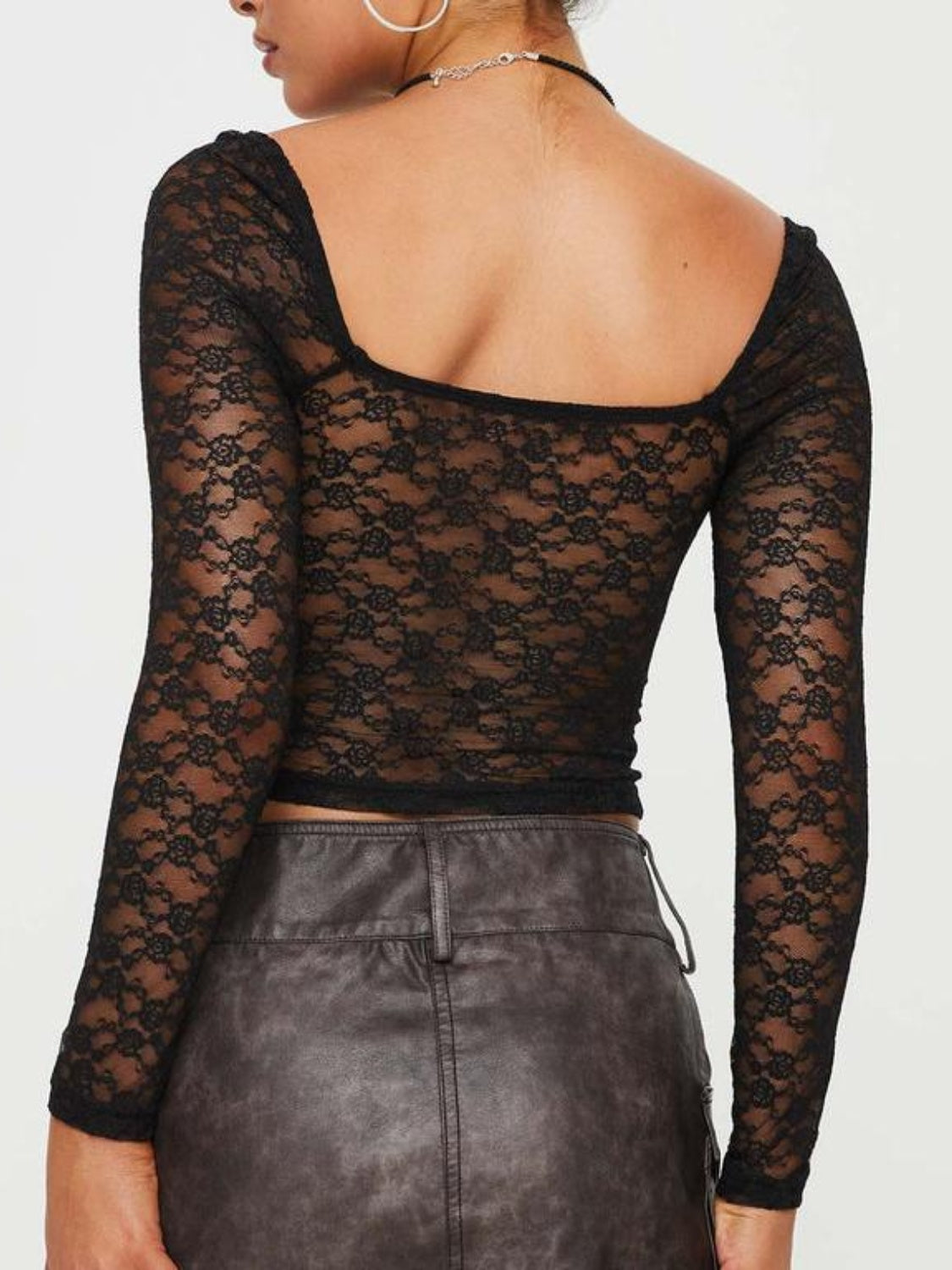 Lace Sweetheart Neck Long Sleeve T-Shirt - Charming Charlie