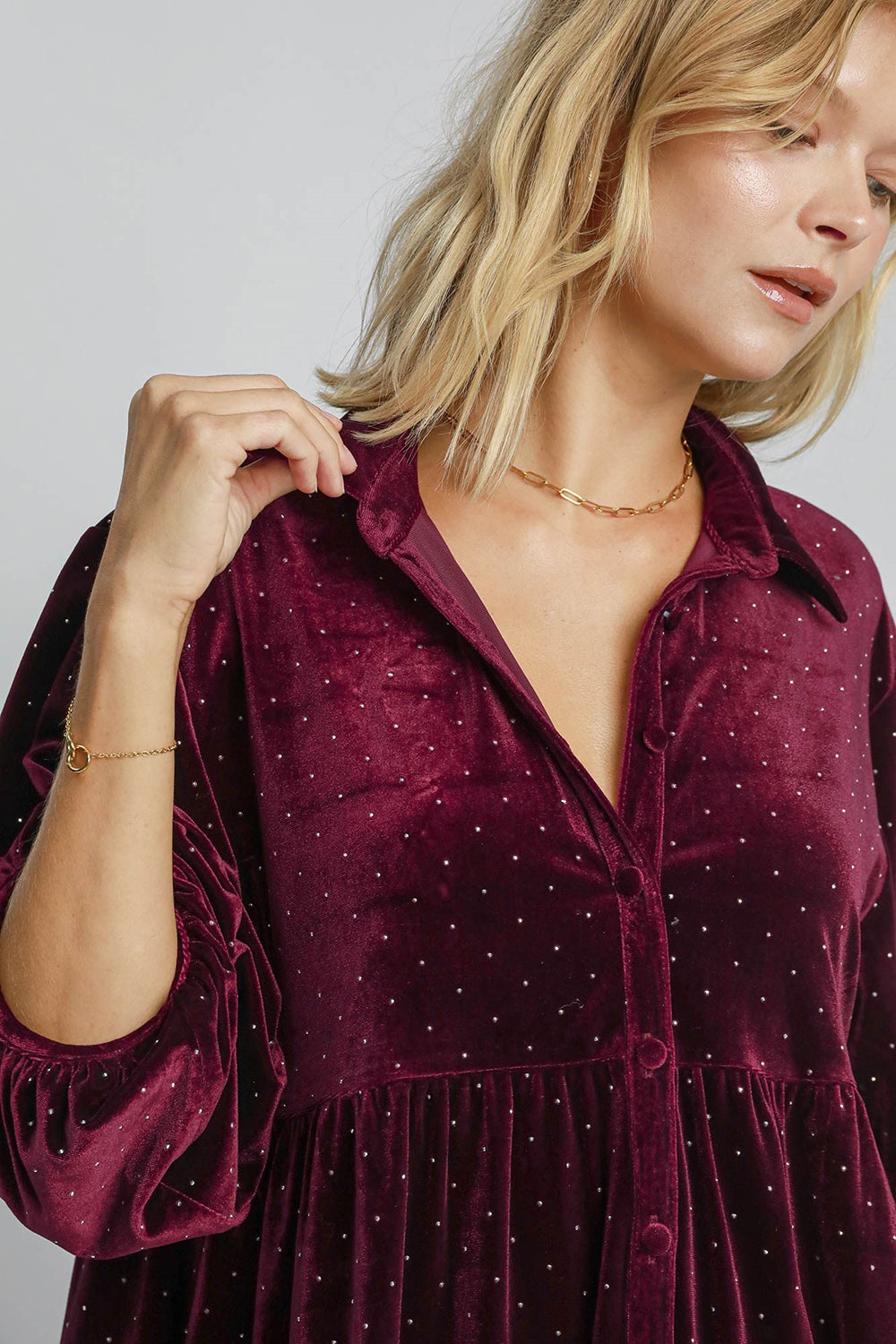 Umgee Full Size Polka Dot Button Up Half Sleeve Shirt - Charming Charlie