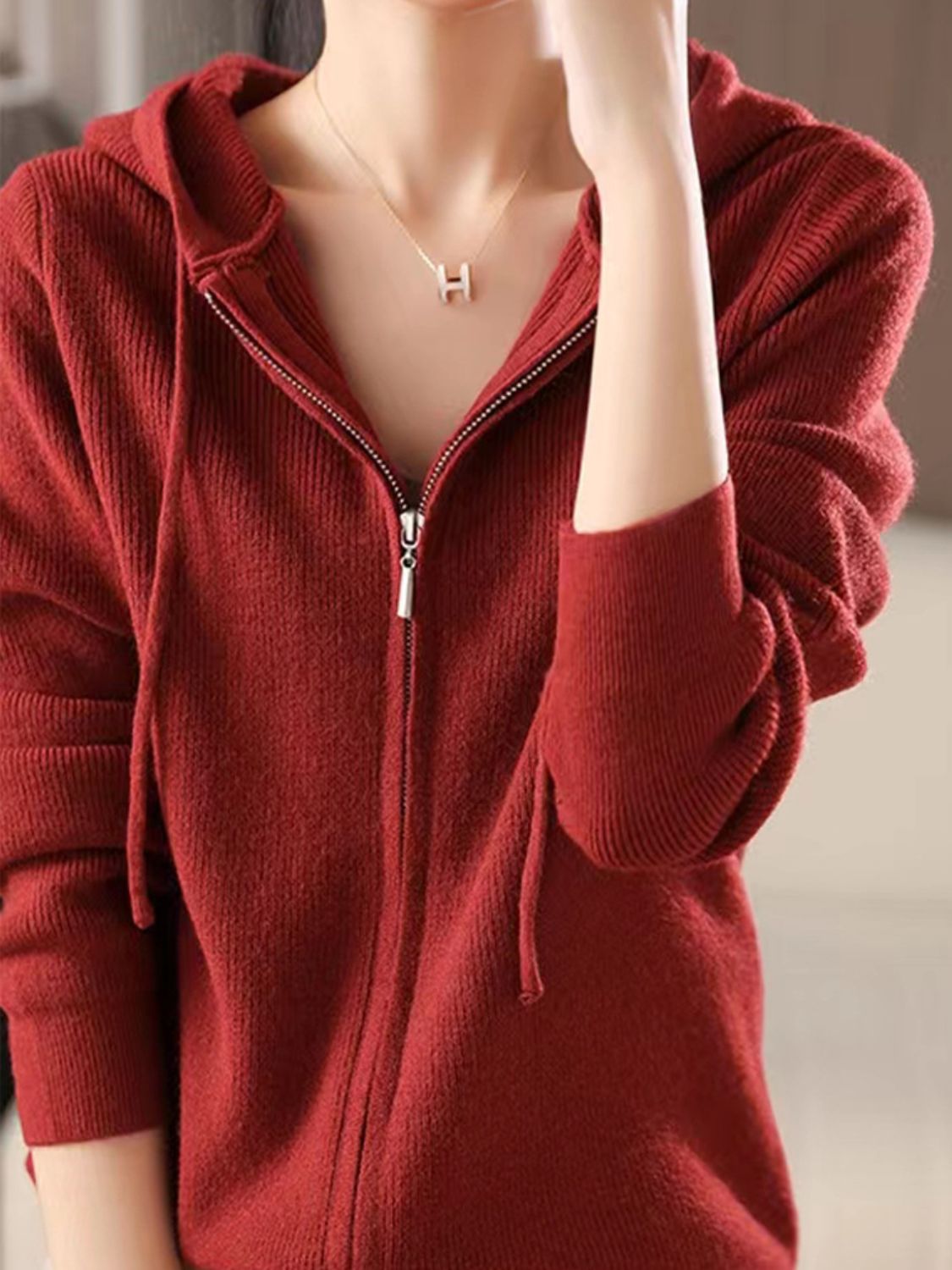 Drawstring Zip Up Long Sleeve Hooded Sweater - Charming Charlie