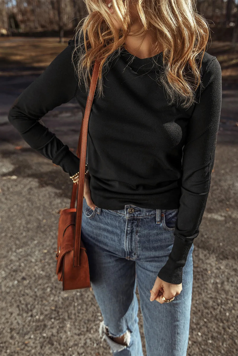Round Neck Long Sleeve Knit Top - Charming Charlie