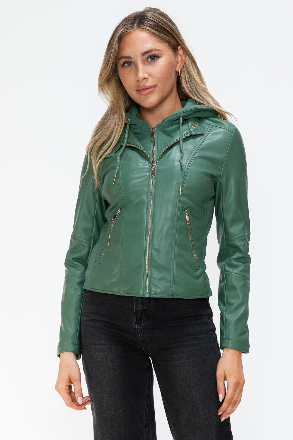 Snobbish Faux Leather Zip Up Drawstring Hooded Jacket - Charming Charlie