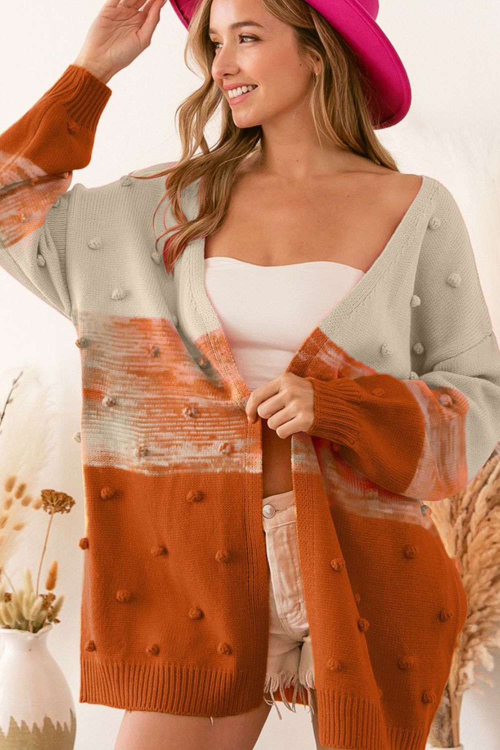 Pompom Color Block Open Front Cardigan - Charming Charlie
