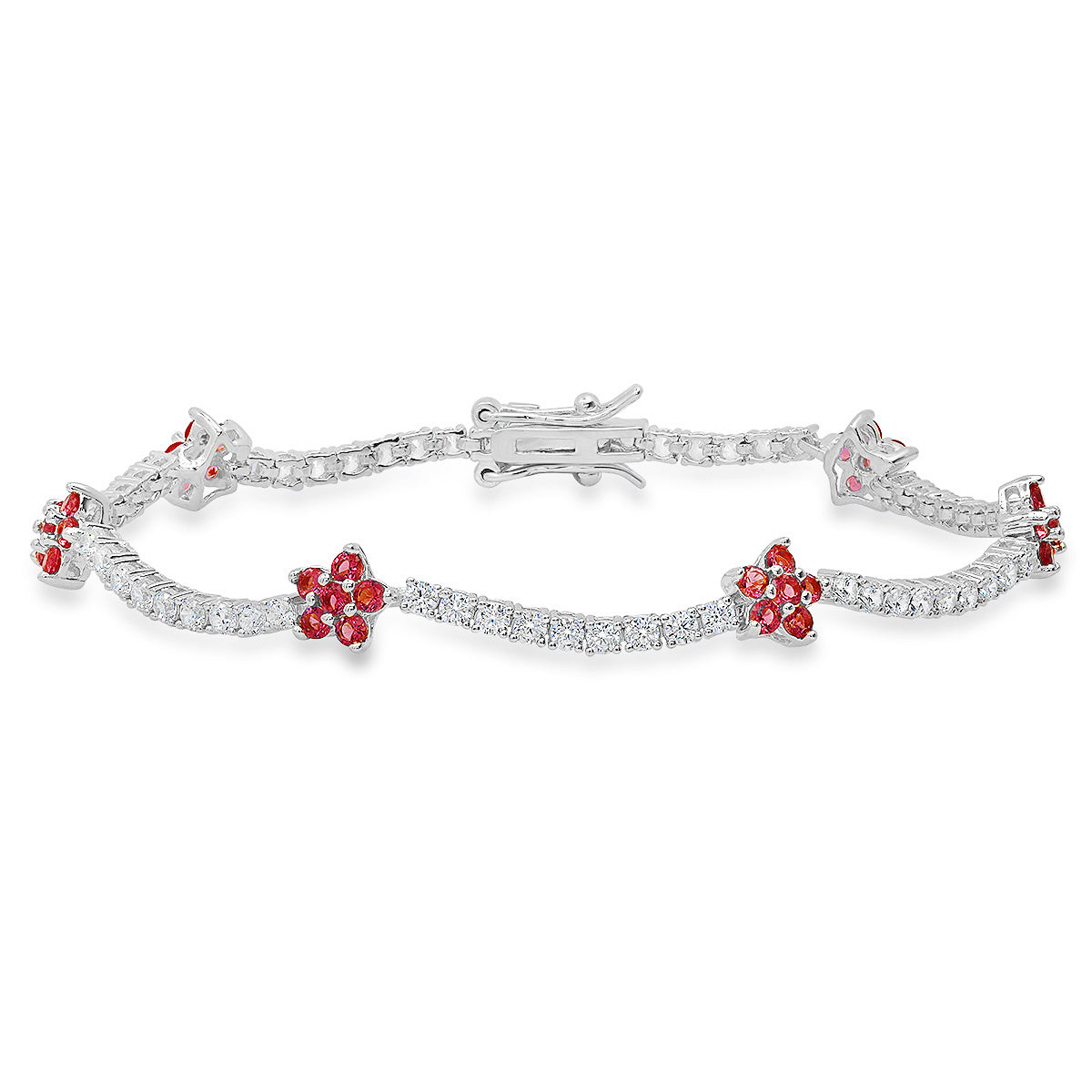 Sterling Silver Petite CZ Pink Sapphire Floral Station Tennis Bracelet - Charming Charlie