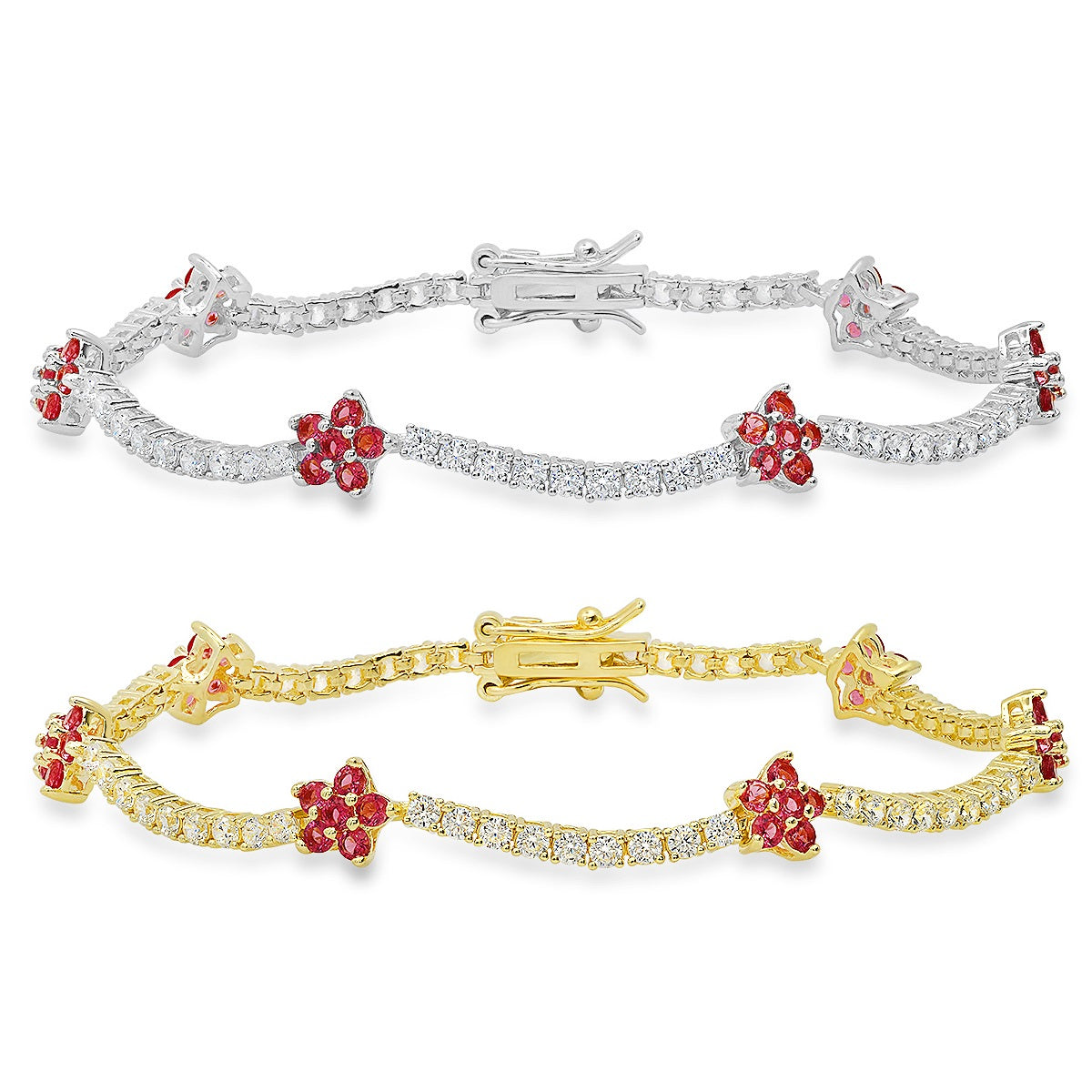 Sterling Silver Petite CZ Pink Sapphire Floral Station Tennis Bracelet - Charming Charlie