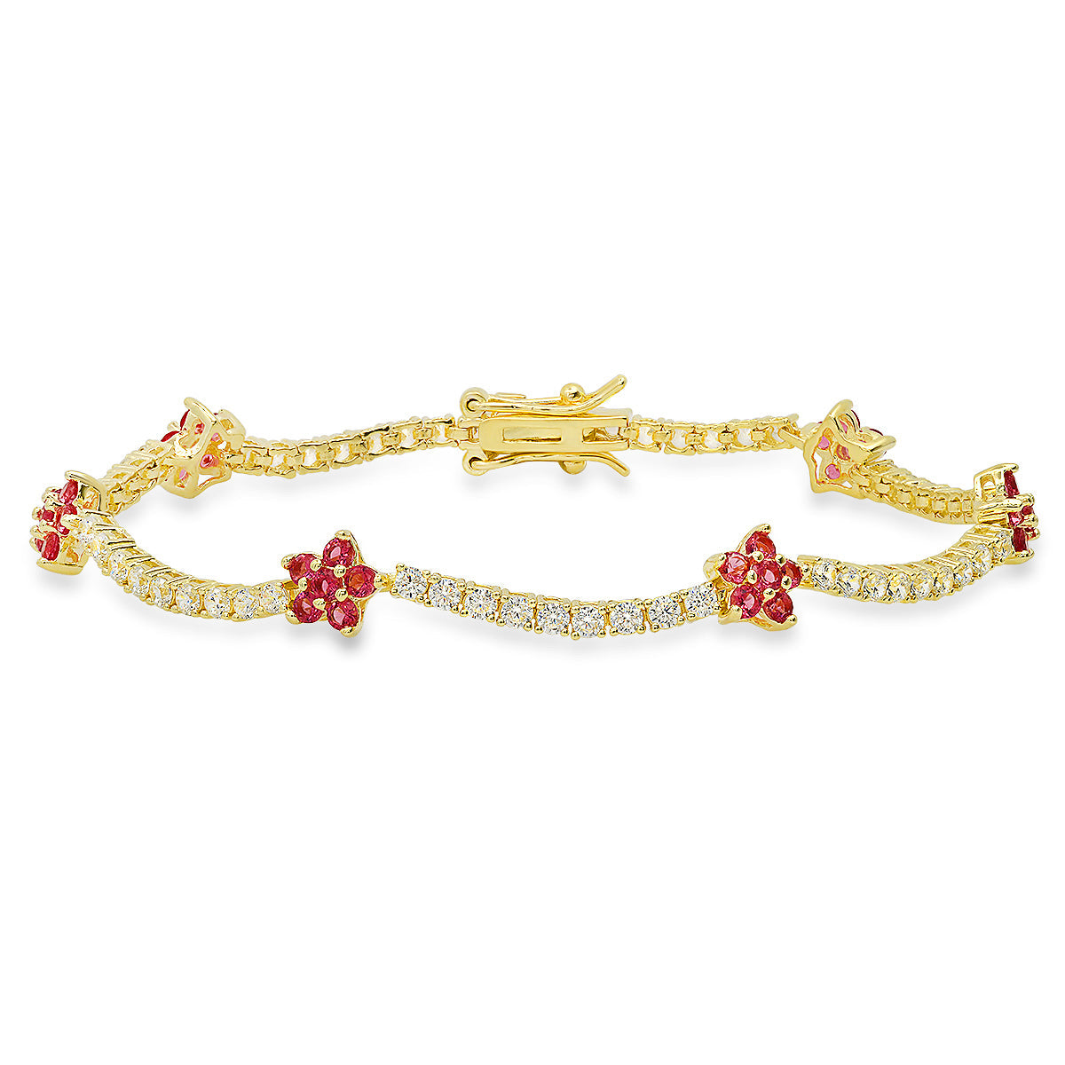 Sterling Silver Petite CZ Pink Sapphire Floral Station Tennis Bracelet - Charming Charlie