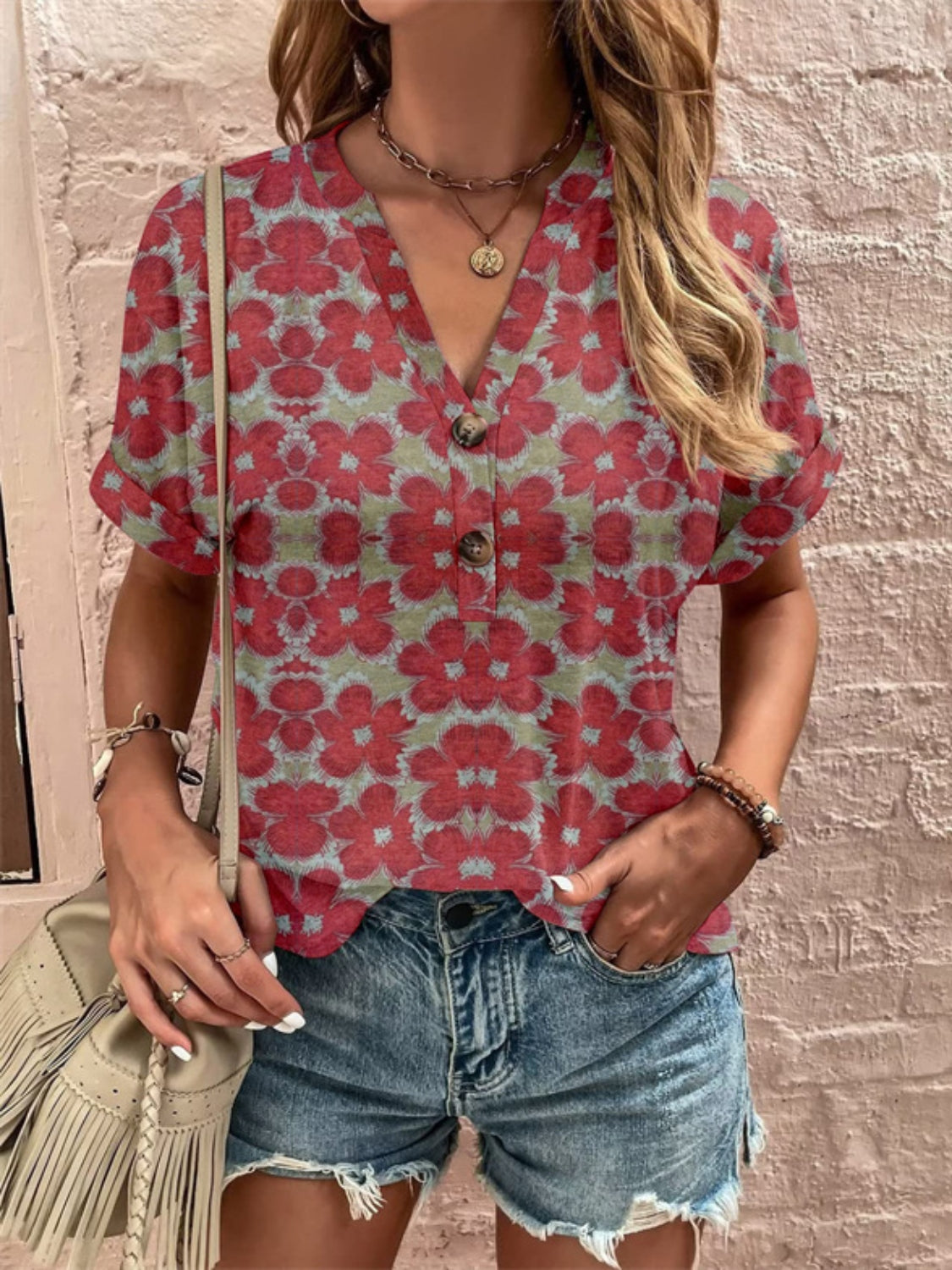 Full Size Printed Notched Short Sleeve Blouse - Charming Charlie