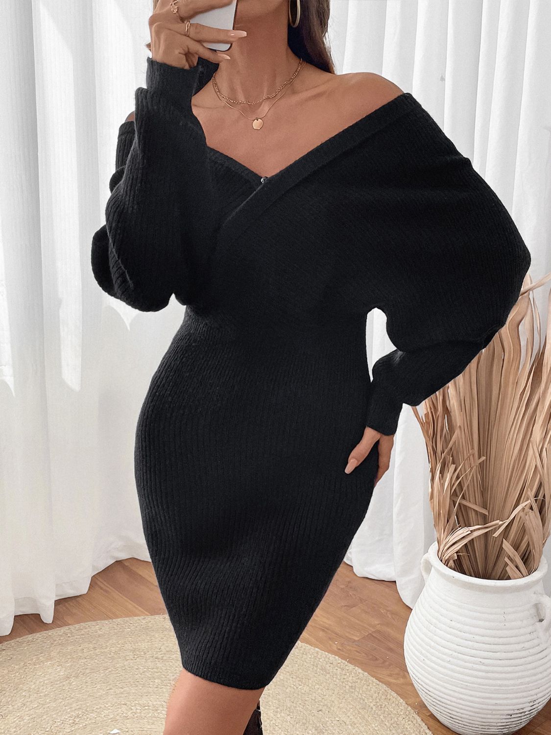 Perfee Surplice Long Sleeve Sweater Dress - Charming Charlie