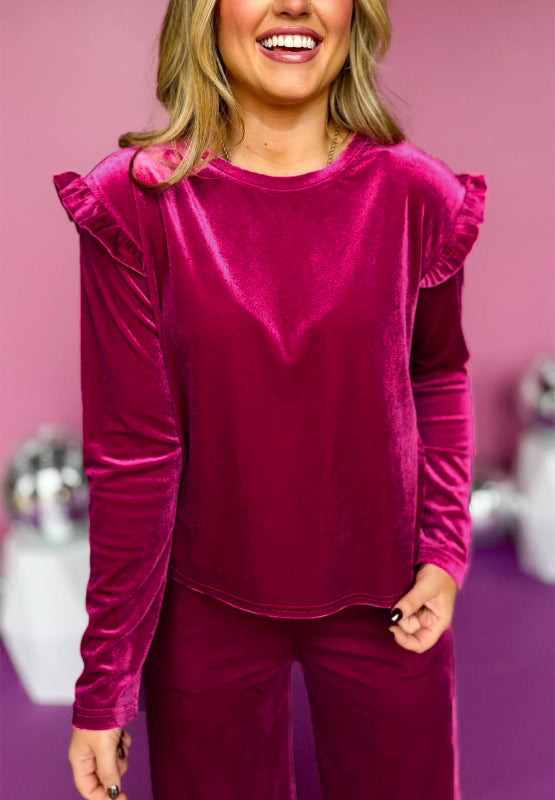 Frill Round Neck Long Sleeve Top and Pants Set - Charming Charlie