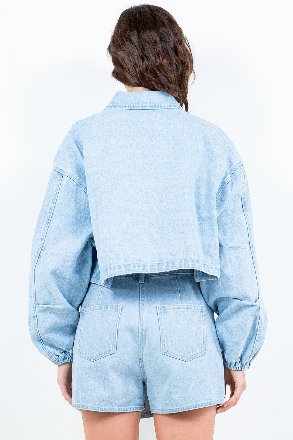 American Bazi Drawstring Waist Crop Denim Jacket - Charming Charlie