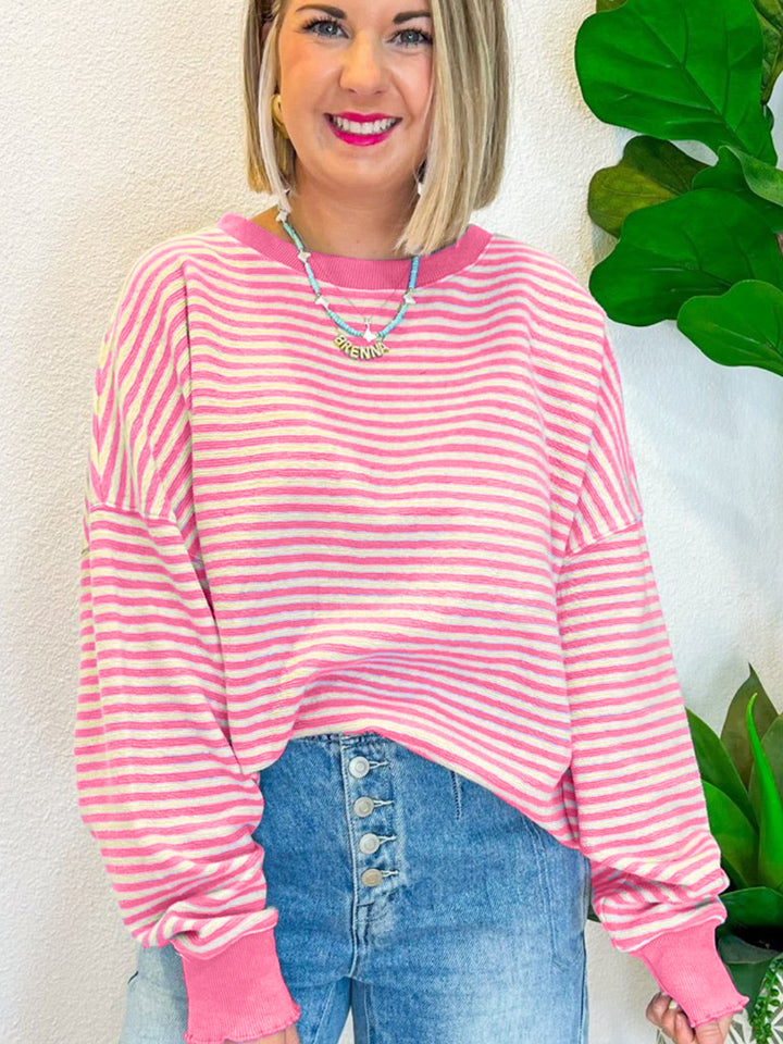 Striped Round Neck Long Sleeve Sweatshirt - Charming Charlie